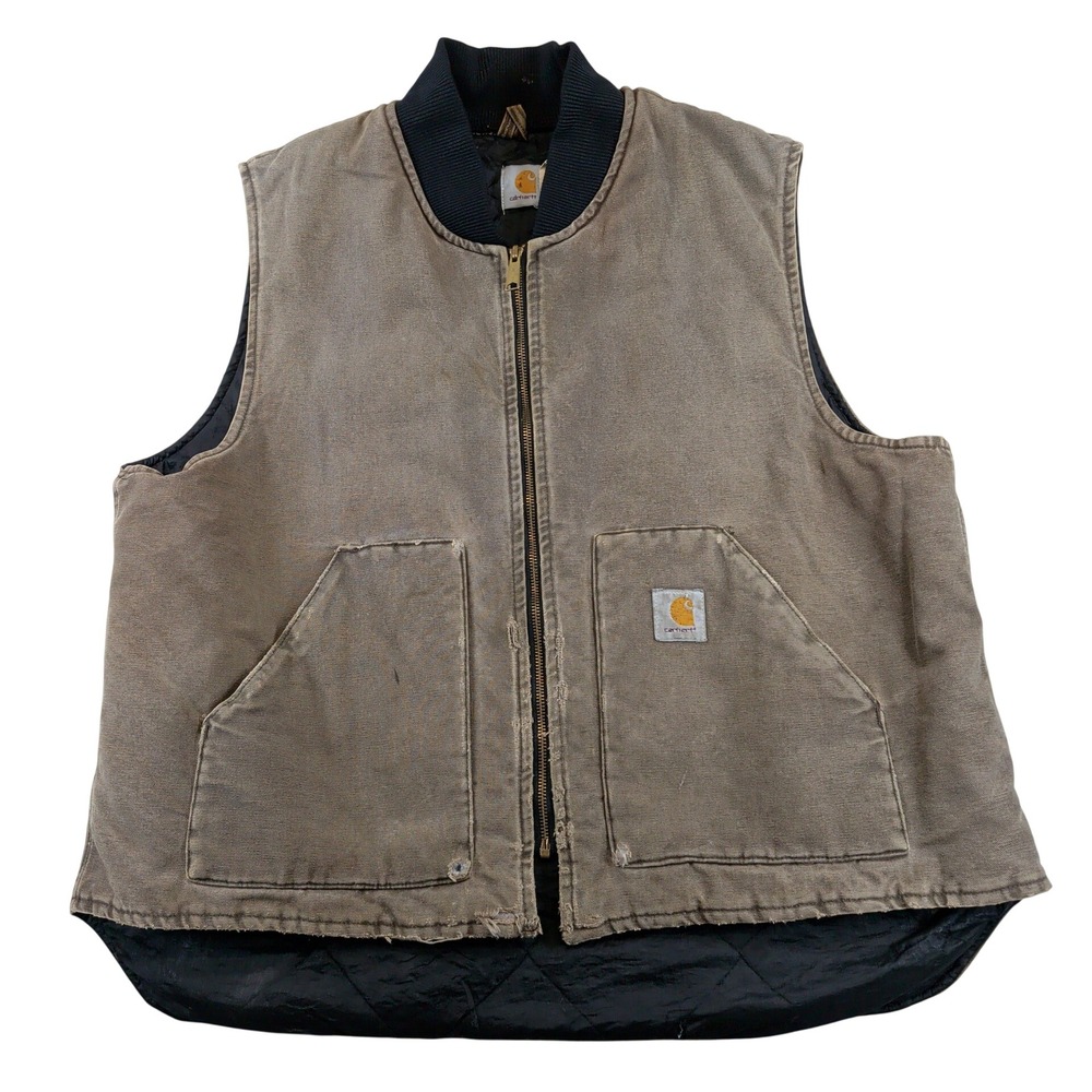 Vtg 90s Carhartt VQ1882 Brown Duck Canvas Quilted Lined Vest Made USA Mens 2XL
